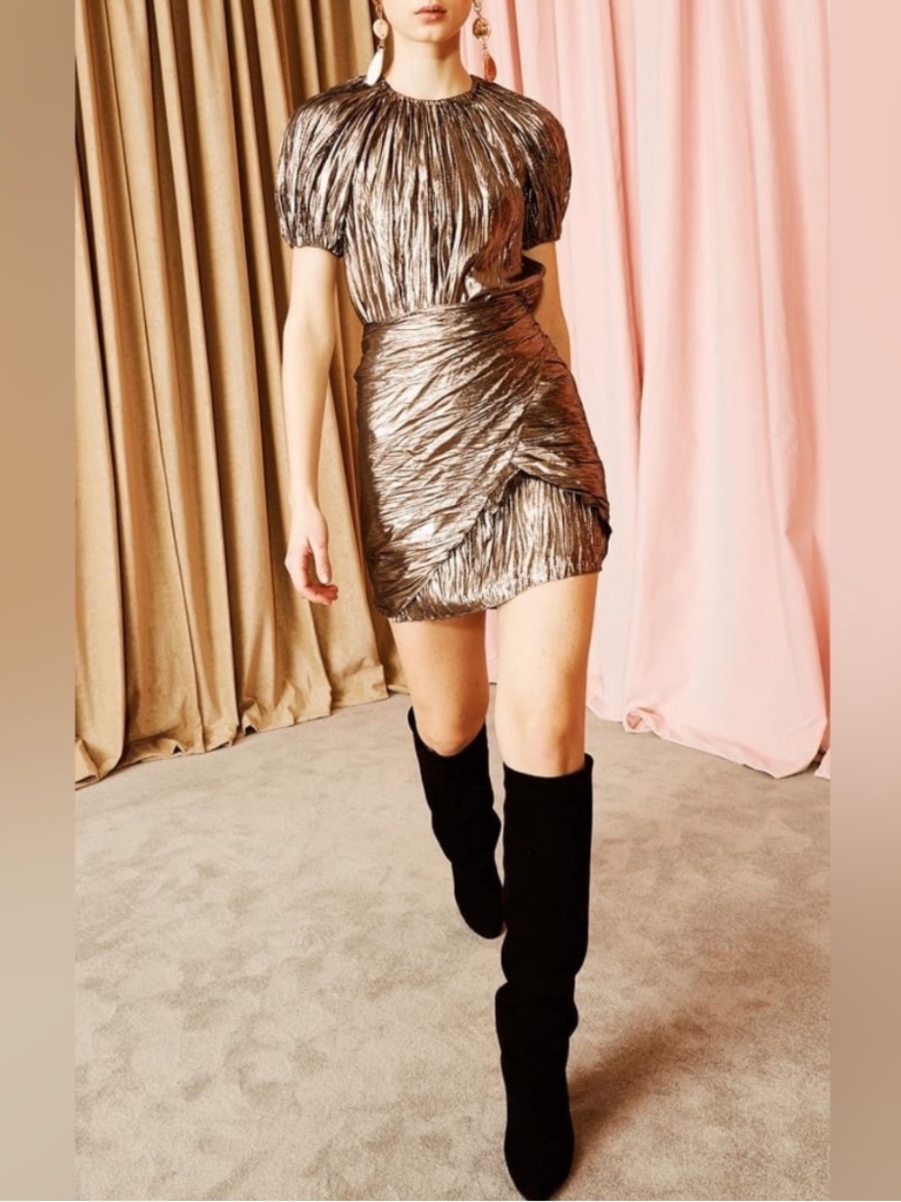 Ulla Johnson Metallic Cheri Lamé Mini‎ Dress Size 4 Gold Copper Wrap Bow Silk